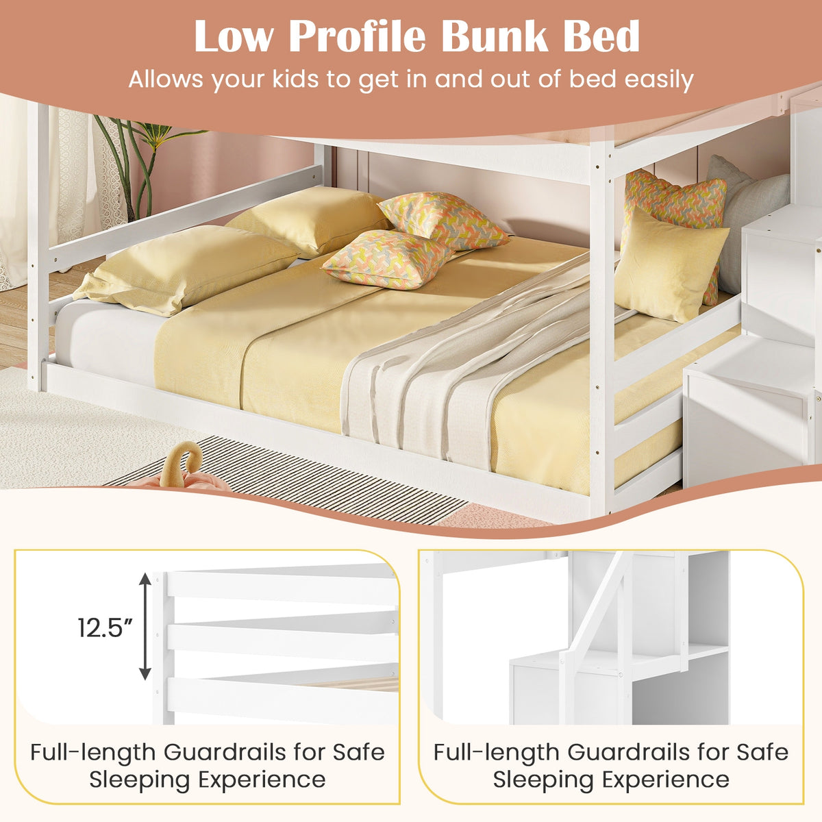 Solid Wood Full Over Full Low Bunk Bed, Storage Stairs, White Bunk Bed Frame at Gallery Canada