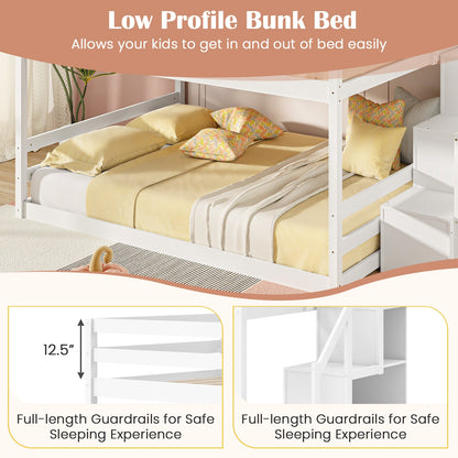 Solid Wood Full Over Full Low Bunk Bed, Storage Stairs, White Bunk Bed Frame at Gallery Canada