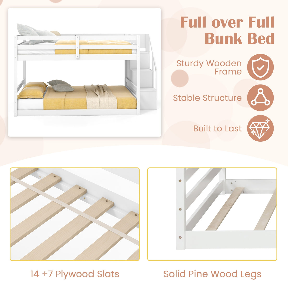 Solid Wood Full Over Full Low Bunk Bed, Storage Stairs, White Bunk Bed Frame at Gallery Canada