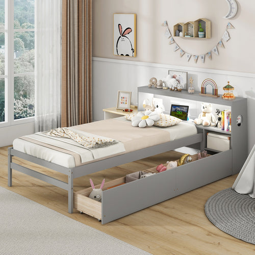 Twin Size Bed Frame With LED Light, Bookcase Headboard, Gray