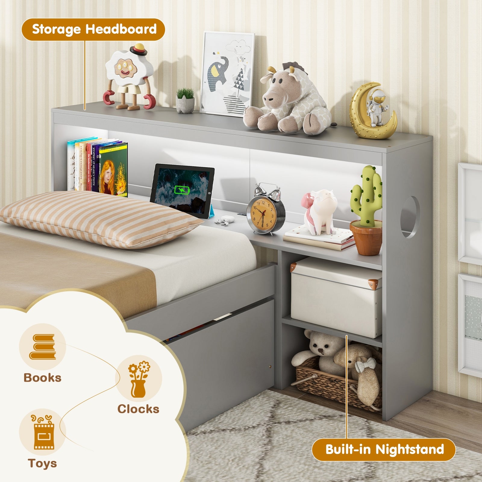 Twin Size Bed Frame With LED Light, Bookcase Headboard, Gray Trundle Bed Frame at Gallery Canada