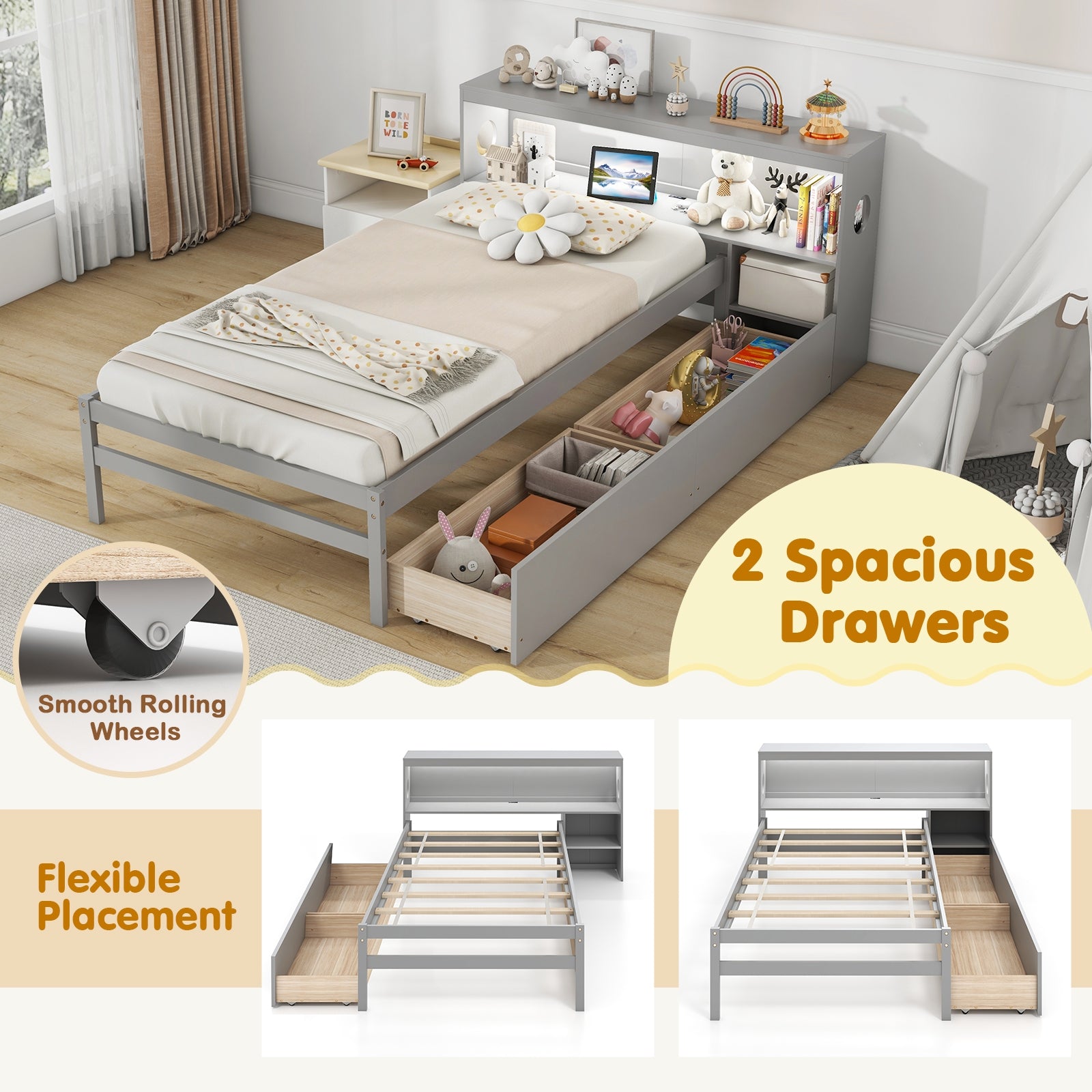 Twin Size Bed Frame With LED Light, Bookcase Headboard, Gray Trundle Bed Frame at Gallery Canada