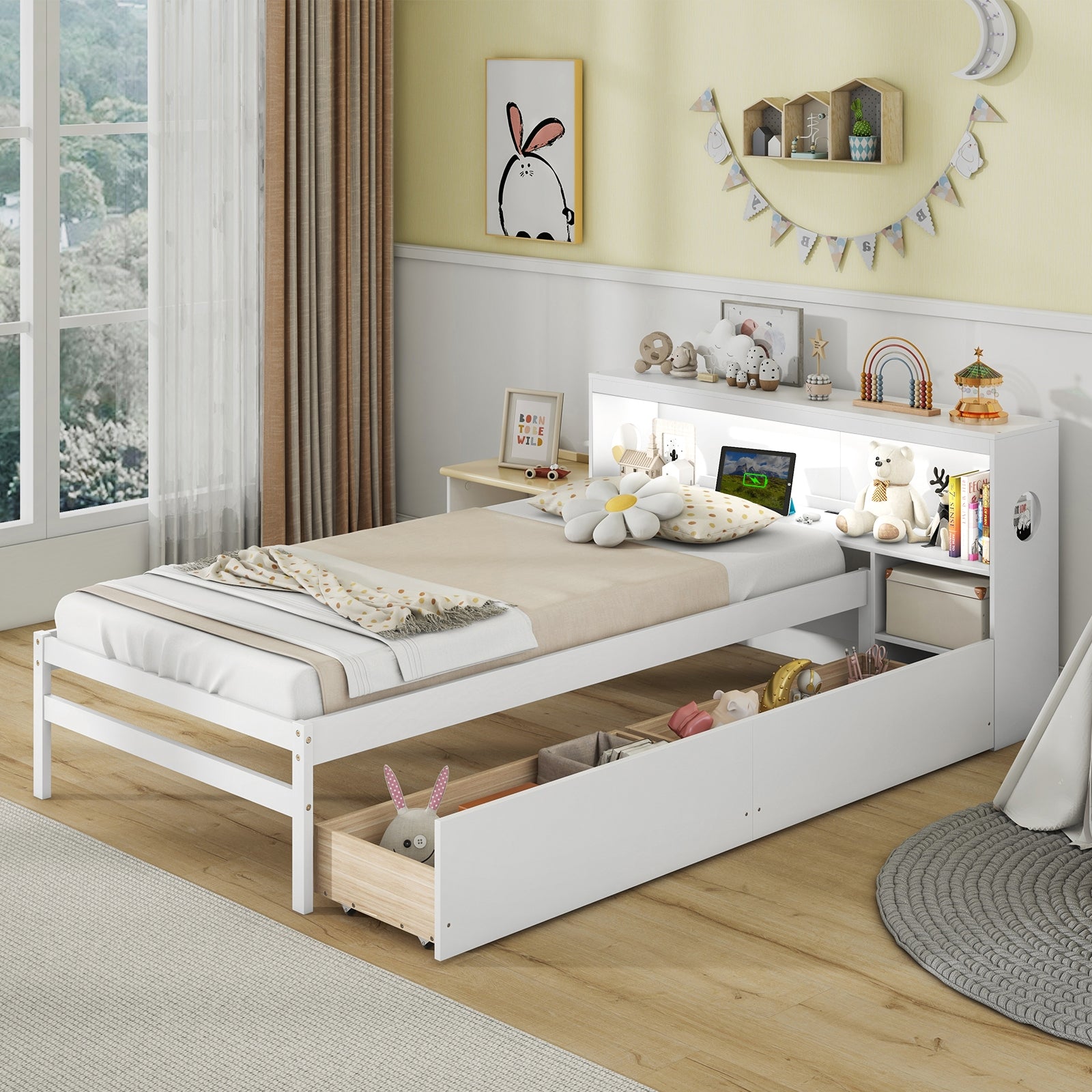 Twin Size Bed Frame With LED Light, Bookcase Headboard, White Trundle Bed Frame at Gallery Canada