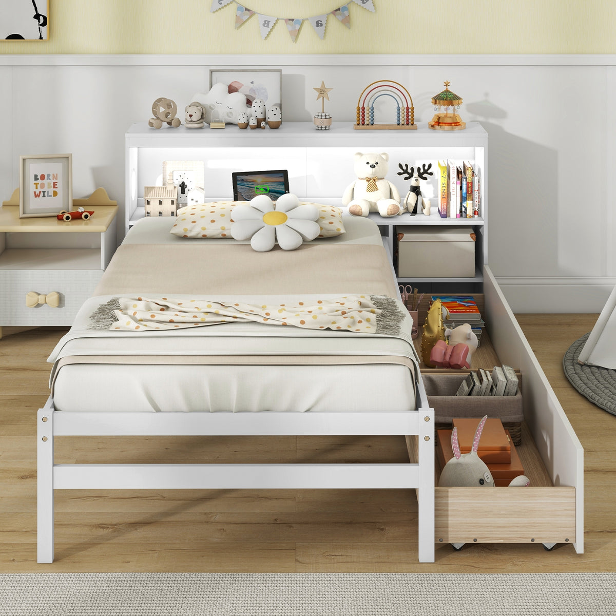 Twin Size Bed Frame With LED Light, Bookcase Headboard, White Trundle Bed Frame at Gallery Canada