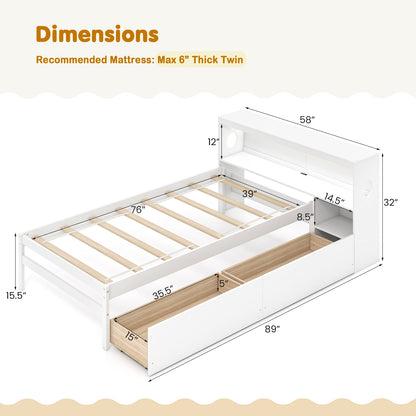 Twin Size Bed Frame With LED Light, Bookcase Headboard, White Trundle Bed Frame at Gallery Canada