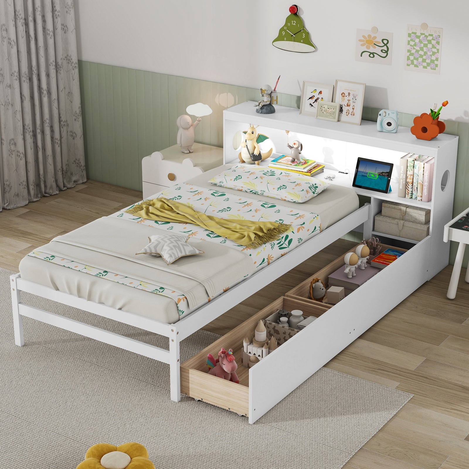 Twin Size Bed Frame With LED Light, Bookcase Headboard, White Trundle Bed Frame at Gallery Canada