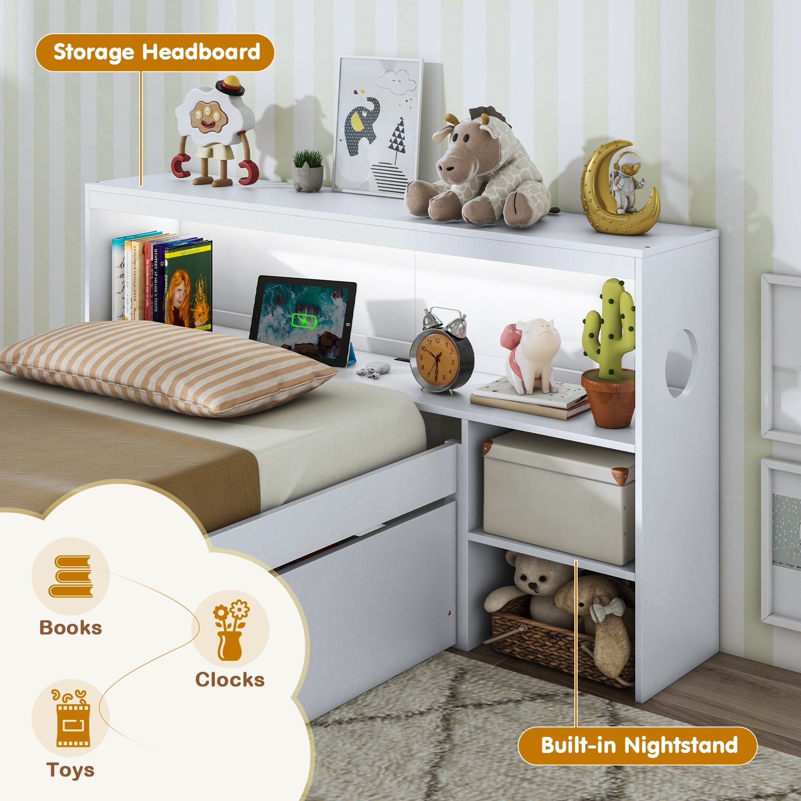 Twin Size Bed Frame With LED Light, Bookcase Headboard, White Trundle Bed Frame at Gallery Canada