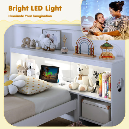 Twin Size Bed Frame With LED Light, Bookcase Headboard, White Trundle Bed Frame at Gallery Canada