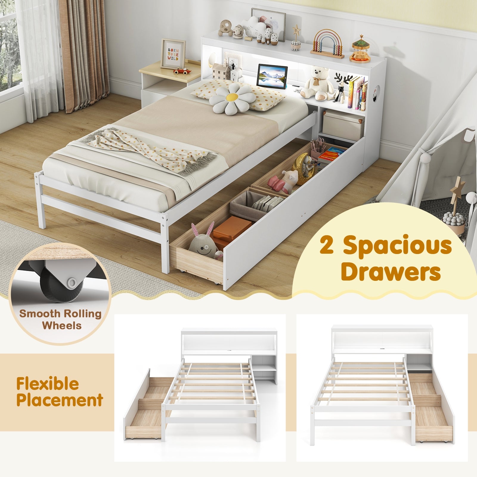 Twin Size Bed Frame With LED Light, Bookcase Headboard, White Trundle Bed Frame at Gallery Canada
