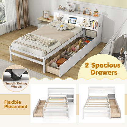 Twin Size Bed Frame With LED Light, Bookcase Headboard, White Trundle Bed Frame at Gallery Canada