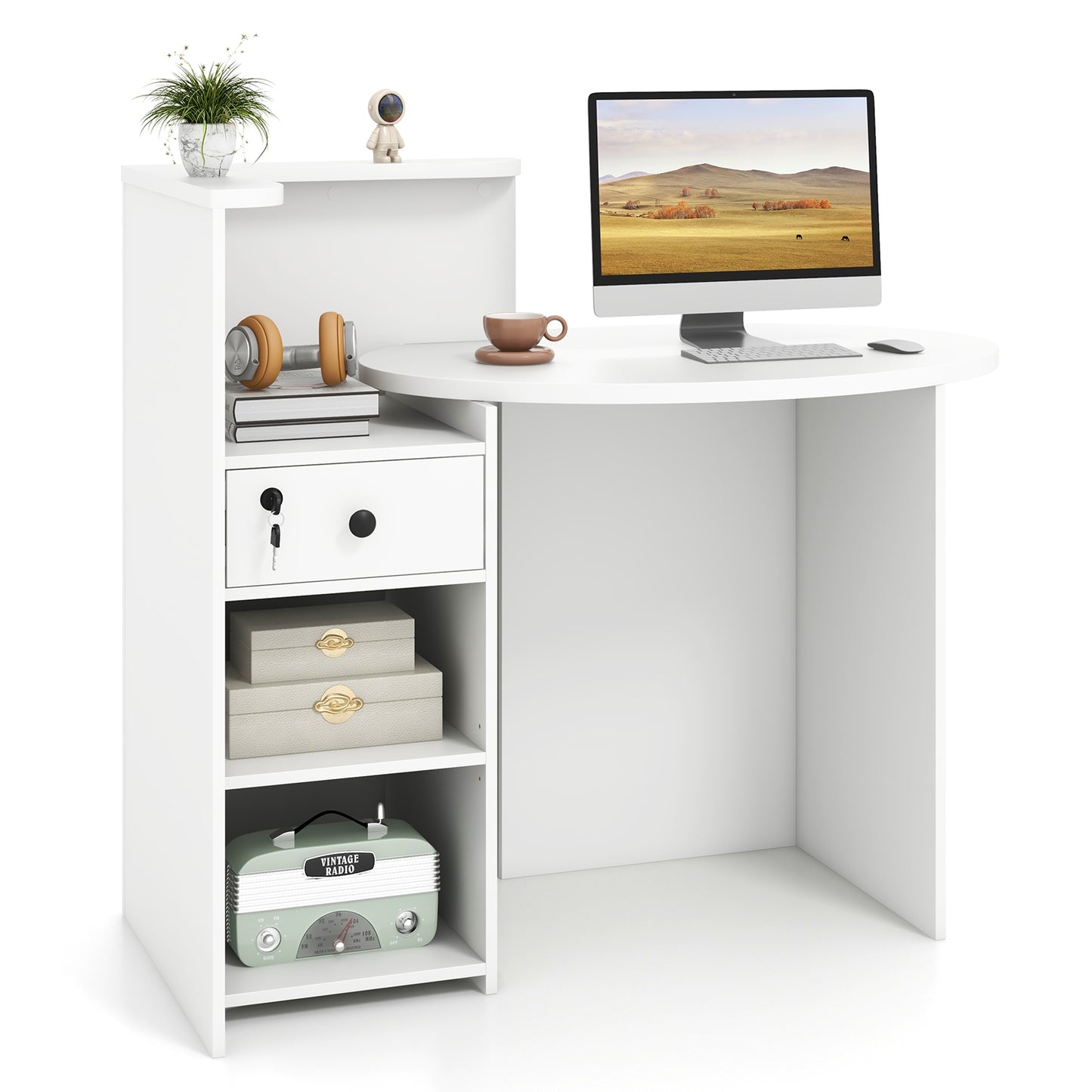 Reception Office Desk With Open Shelf, Lockable Drawer, White Corner Desks at Gallery Canada
