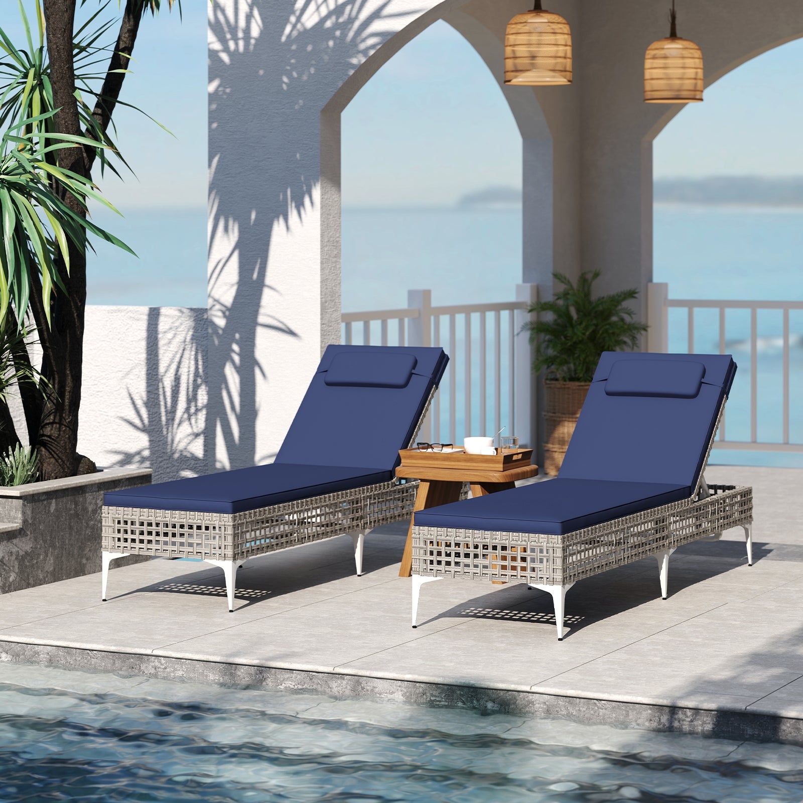 Patio Chaise Lounge Chair, 6-Level Adjustable Backrest, Headrest, Navy Outdoor Chaise Lounges at Gallery Canada