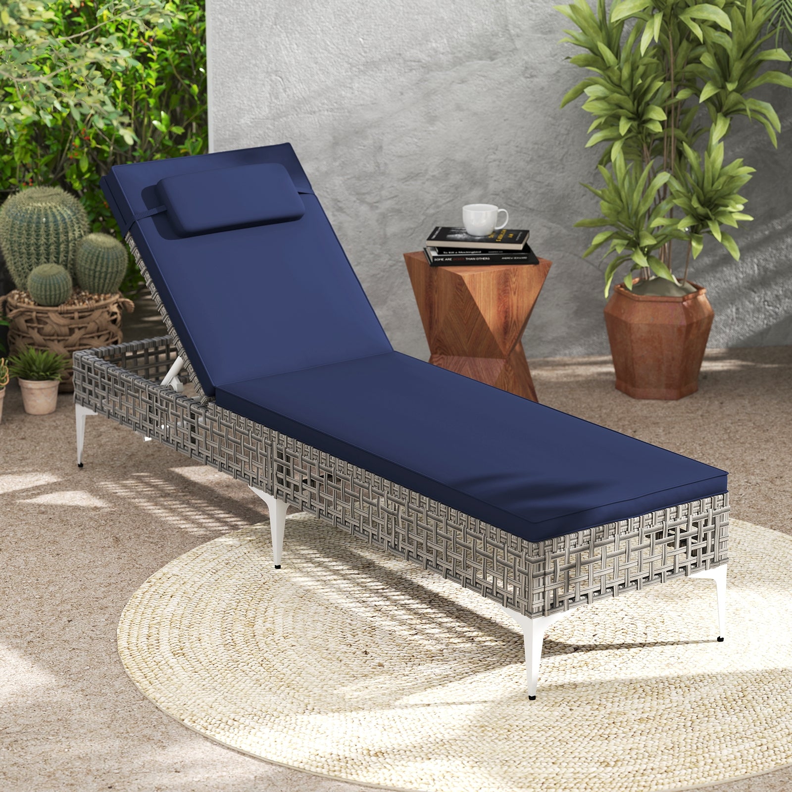Patio Chaise Lounge Chair, 6-Level Adjustable Backrest, Headrest, Navy Outdoor Chaise Lounges at Gallery Canada