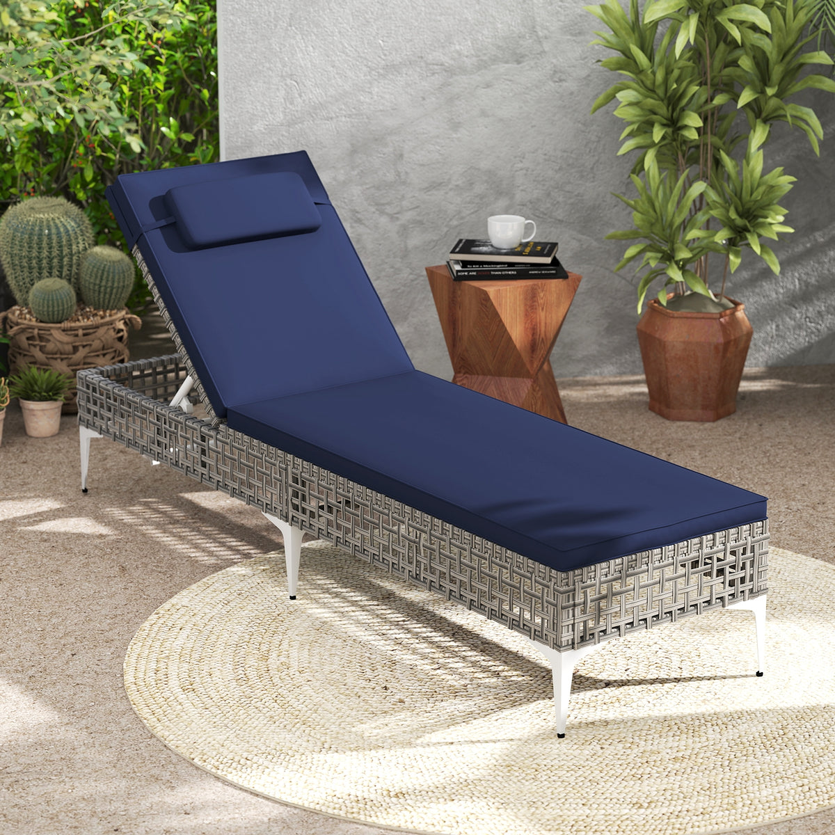 Patio Chaise Lounge Chair, 6-Level Adjustable Backrest, Headrest, Navy Outdoor Chaise Lounges at Gallery Canada