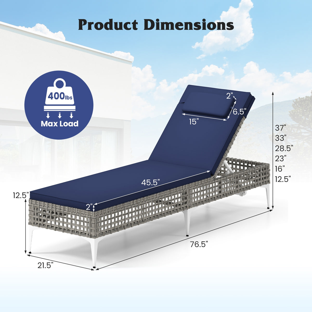 Patio Chaise Lounge Chair, 6-Level Adjustable Backrest, Headrest, Navy Outdoor Chaise Lounges at Gallery Canada