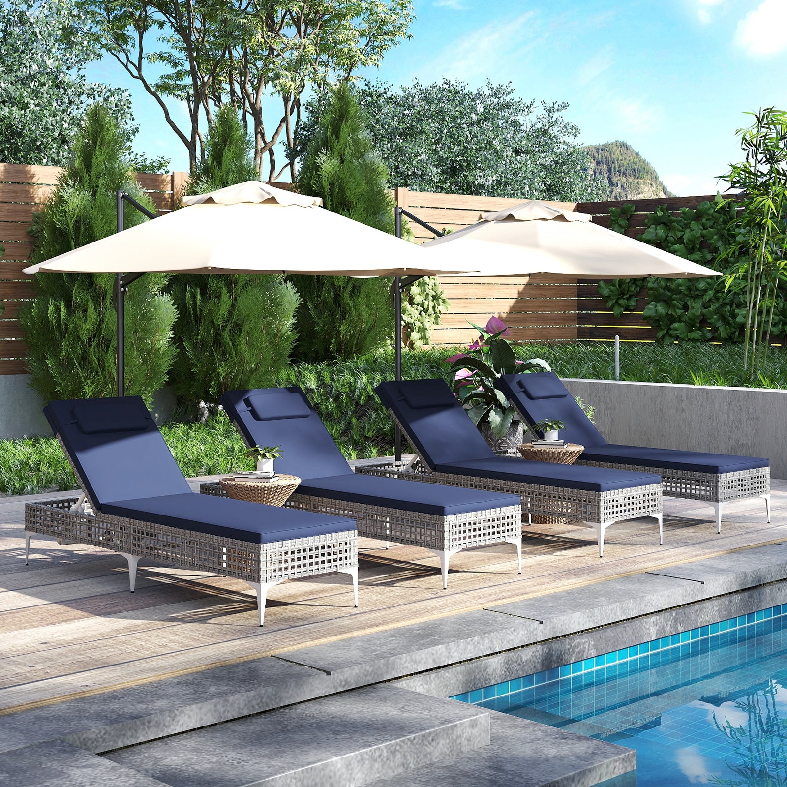 Patio Chaise Lounge Chair, 6-Level Adjustable Backrest, Headrest, Navy Outdoor Chaise Lounges at Gallery Canada