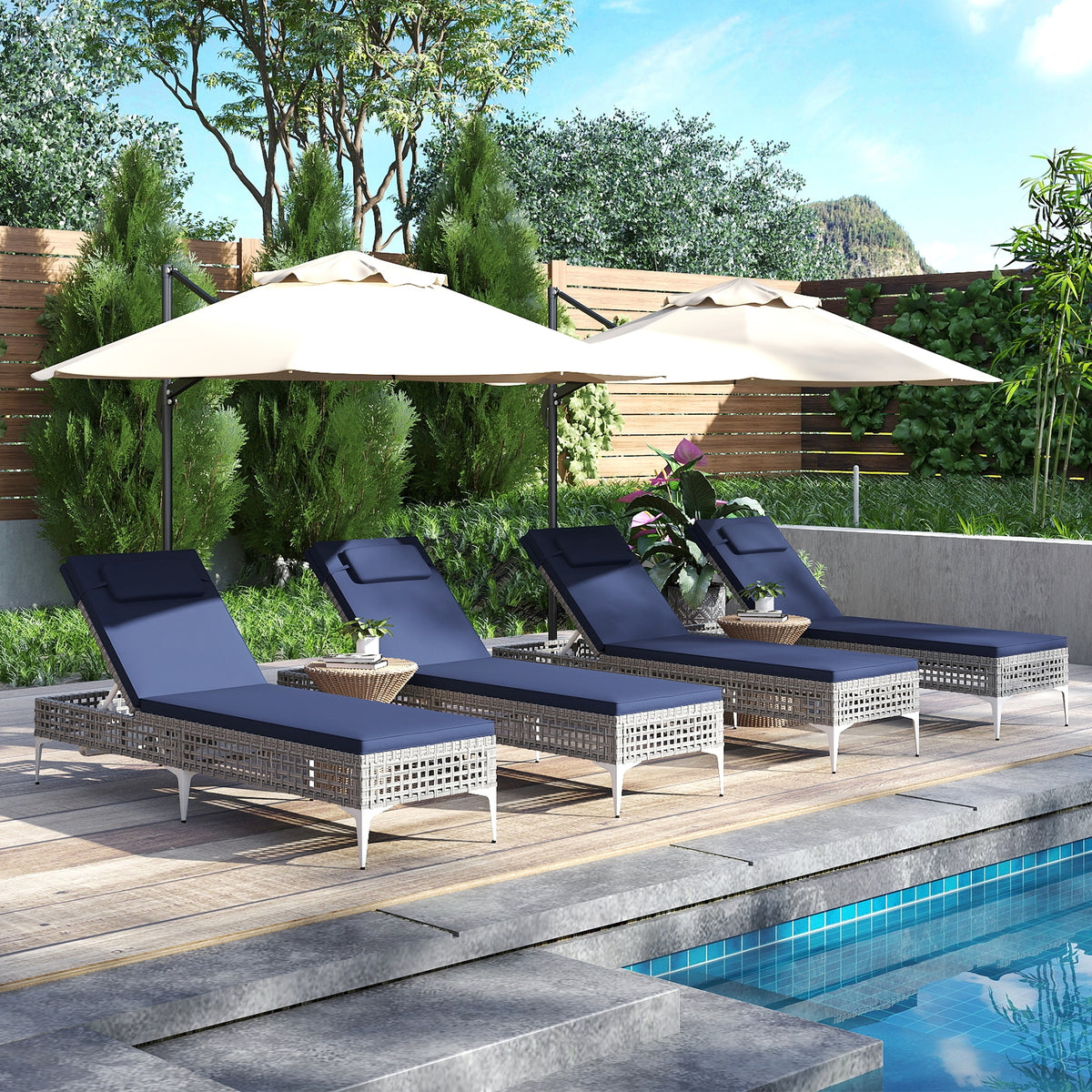 Patio Chaise Lounge Chair, 6-Level Adjustable Backrest, Headrest, Navy Outdoor Chaise Lounges at Gallery Canada