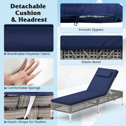 Patio Chaise Lounge Chair, 6-Level Adjustable Backrest, Headrest, Navy Outdoor Chaise Lounges at Gallery Canada