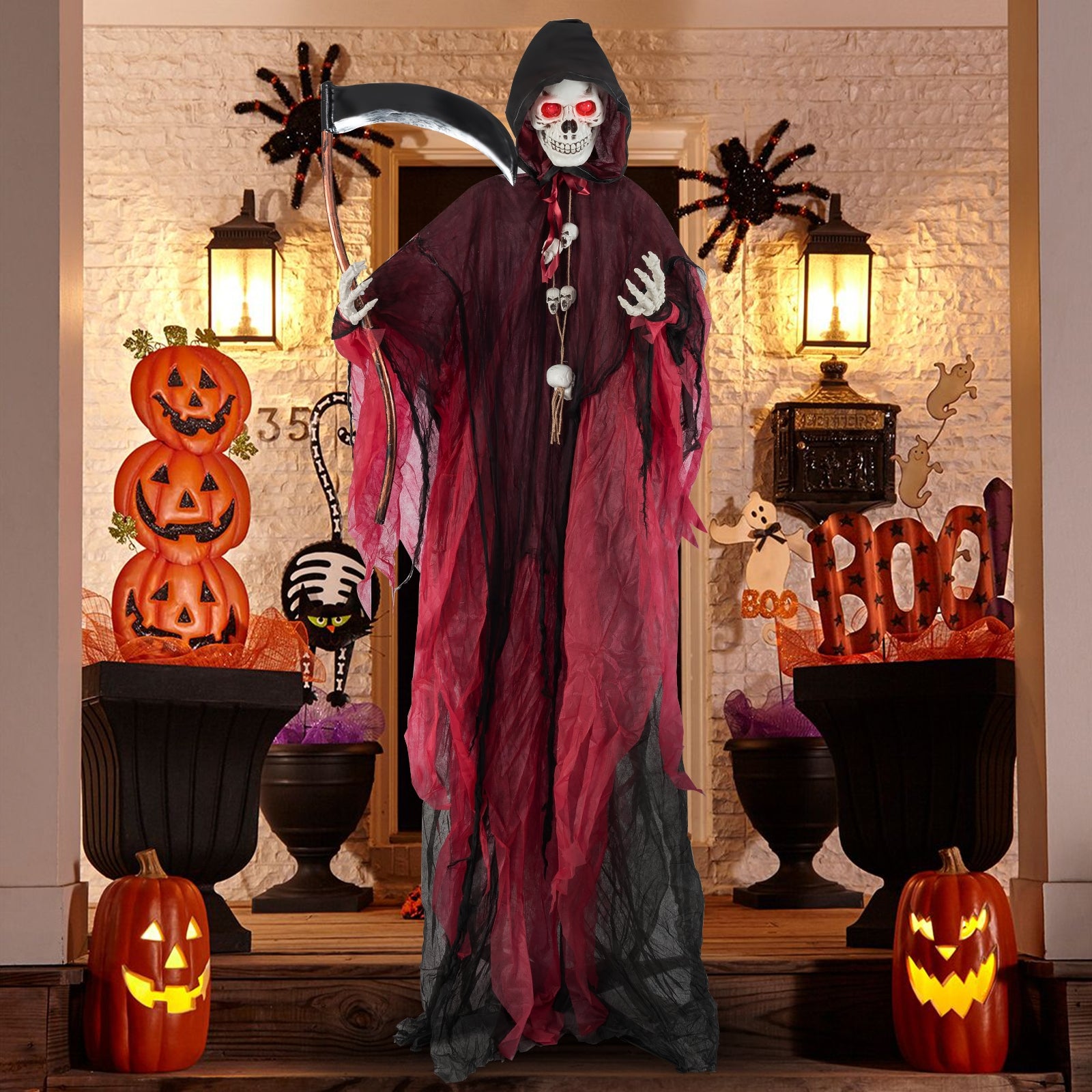 8 Feet Halloween Grim Reaper, Terrifying Sounds, Lighted Eyes, Red, Black Halloween at Gallery Canada