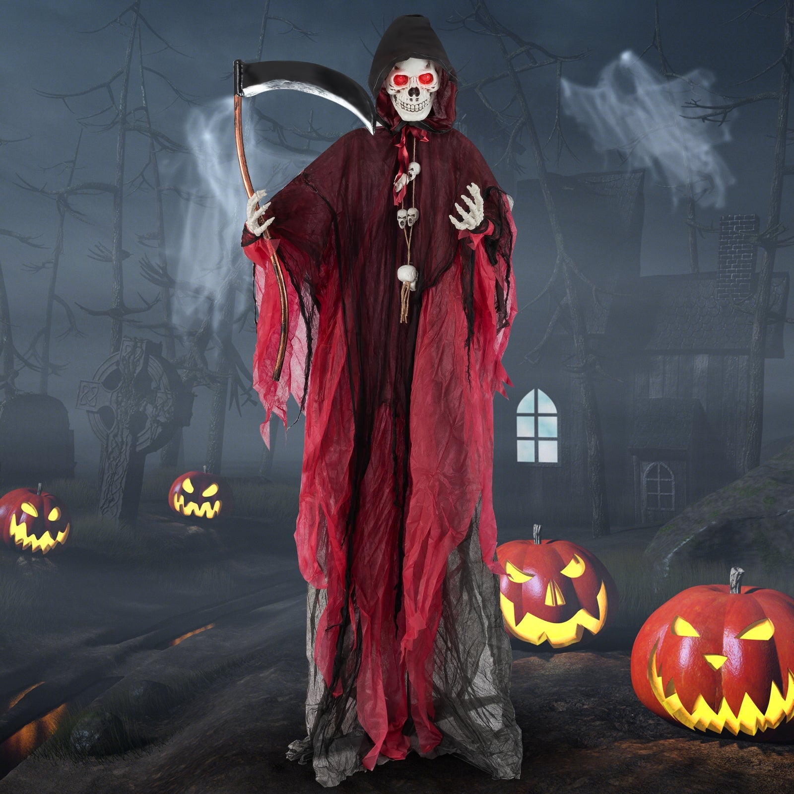 8 Feet Halloween Grim Reaper, Terrifying Sounds, Lighted Eyes, Red, Black Halloween at Gallery Canada