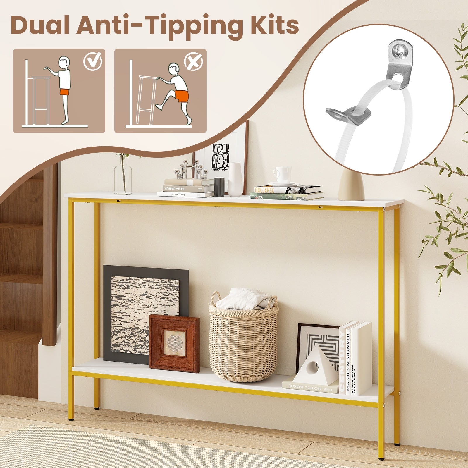 44 Inch Console Table With Shelf, Dual Anti-Tipping Kits, White Console Tables at Gallery Canada