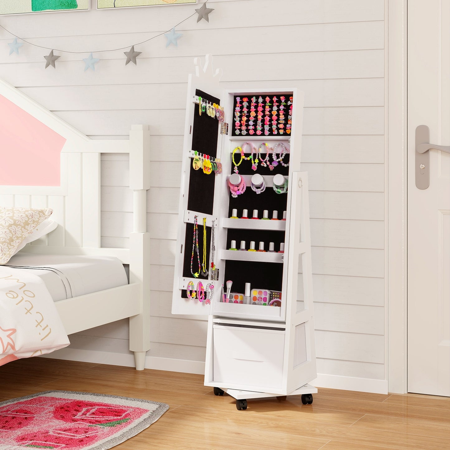 Kids Jewelry Armoire Cabinet, With Swivel Base And Lockable Wheels, White Kids Vanities at Gallery Canada