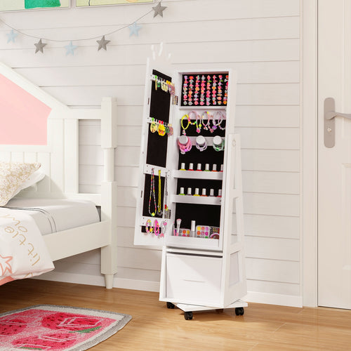 Kids Jewelry Armoire Cabinet, With Swivel Base And Lockable Wheels, White