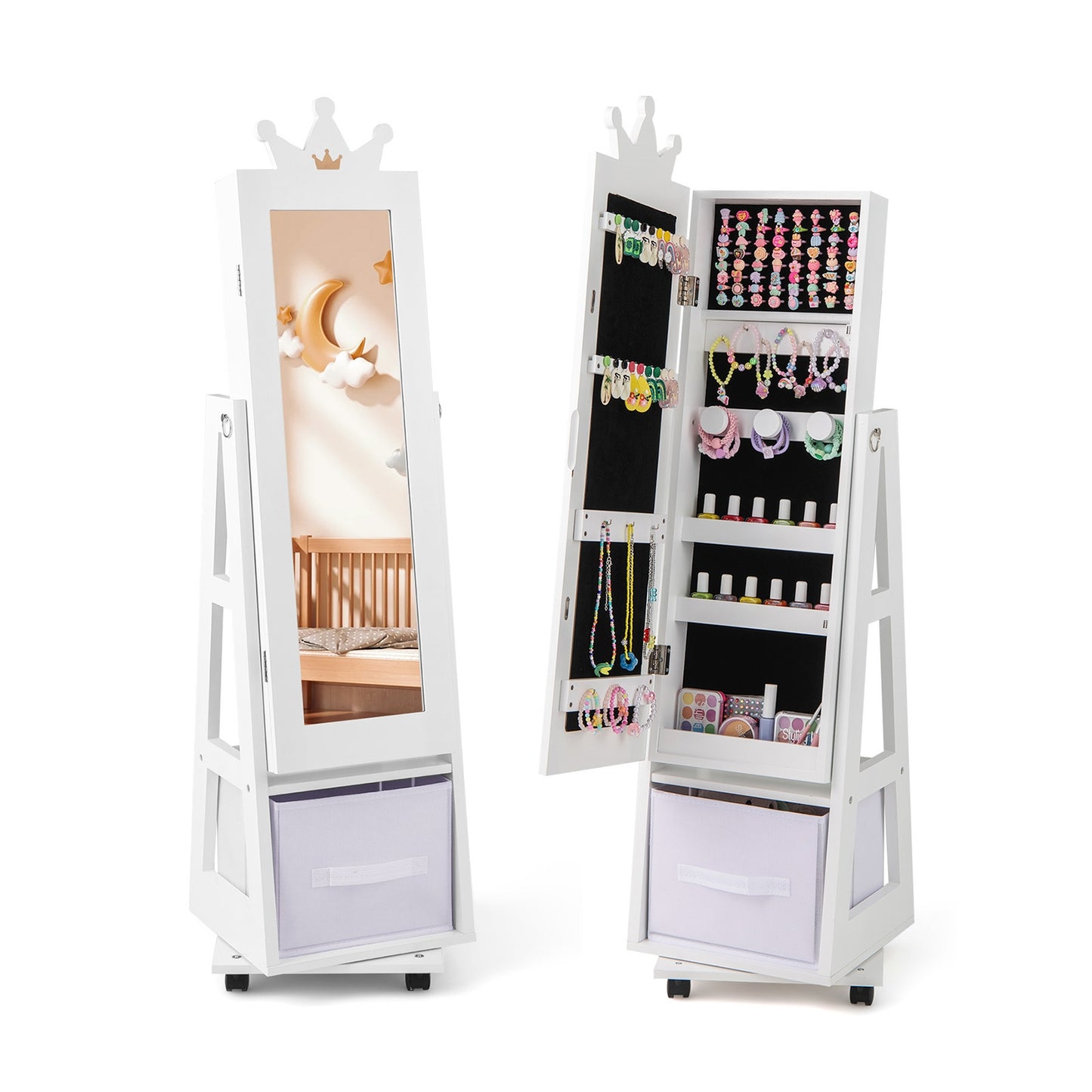 Kids Jewelry Armoire Cabinet, With Swivel Base And Lockable Wheels, White Kids Vanities White at Gallery Canada