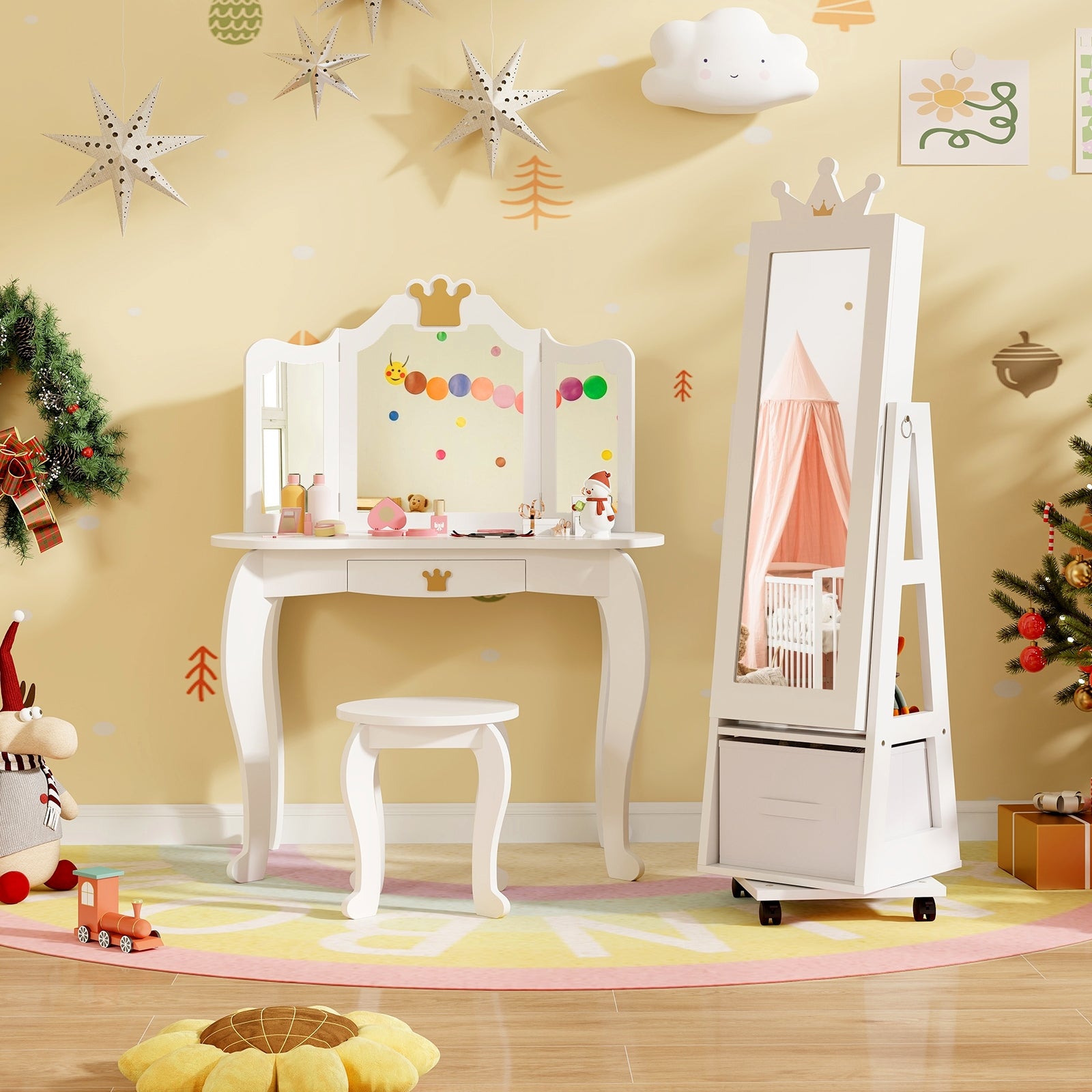 Kids Jewelry Armoire Cabinet, With Swivel Base And Lockable Wheels, White Kids Vanities at Gallery Canada