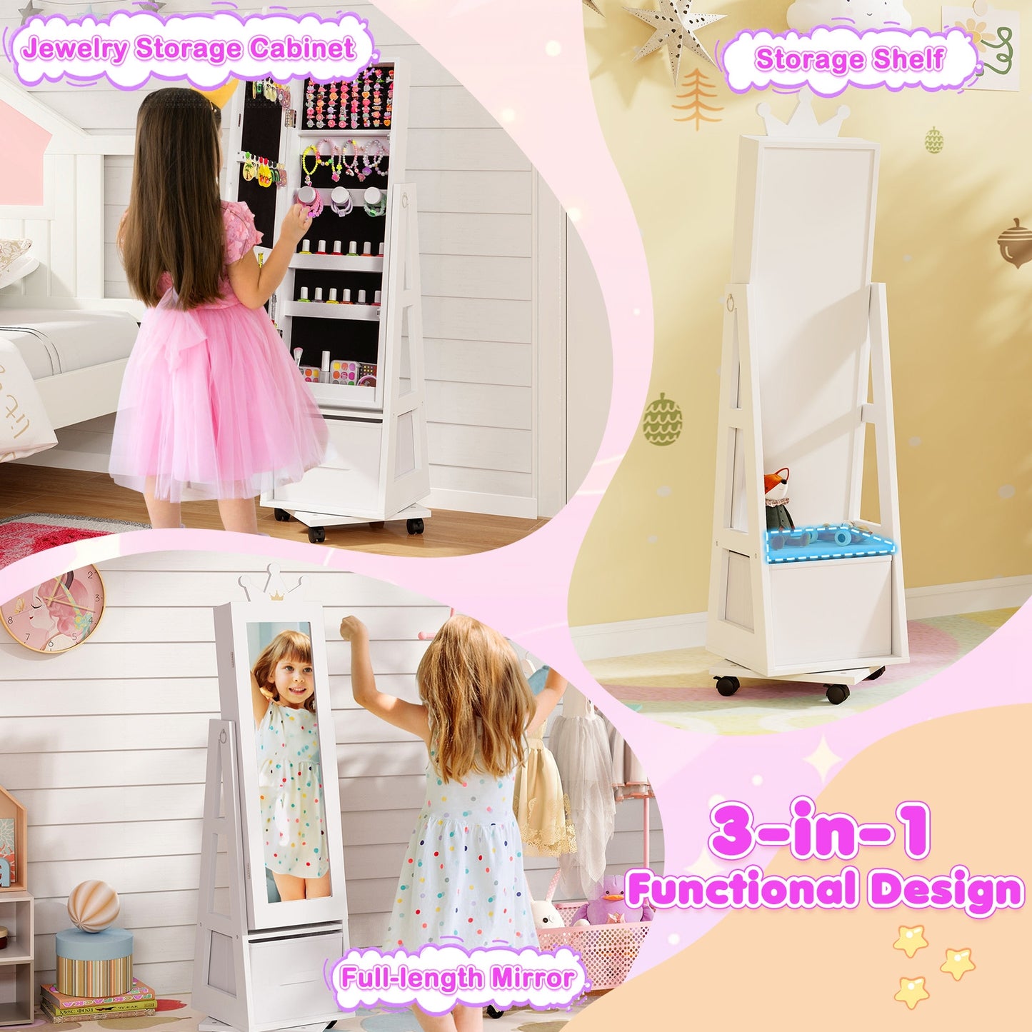 Kids Jewelry Armoire Cabinet, With Swivel Base And Lockable Wheels, White Kids Vanities at Gallery Canada
