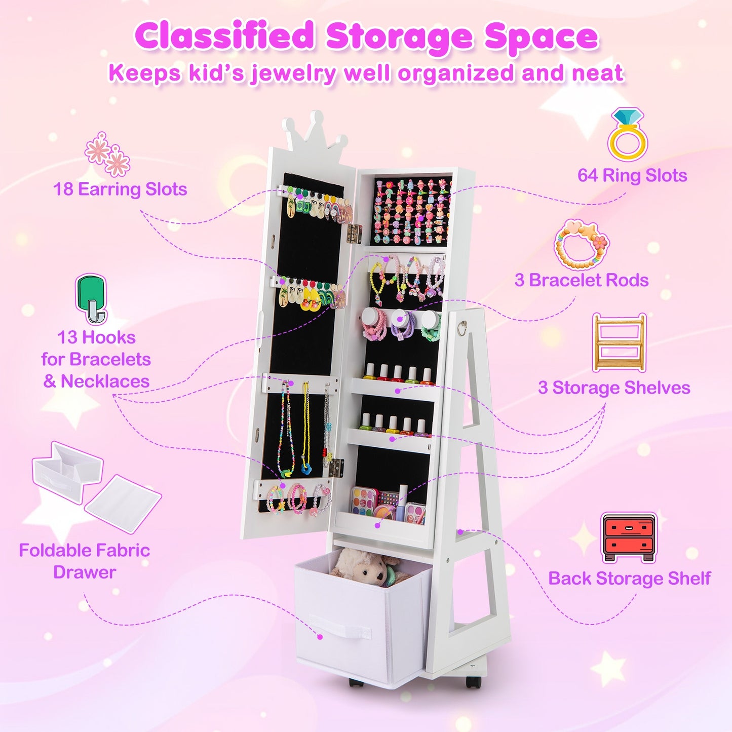 Kids Jewelry Armoire Cabinet, With Swivel Base And Lockable Wheels, White Kids Vanities at Gallery Canada