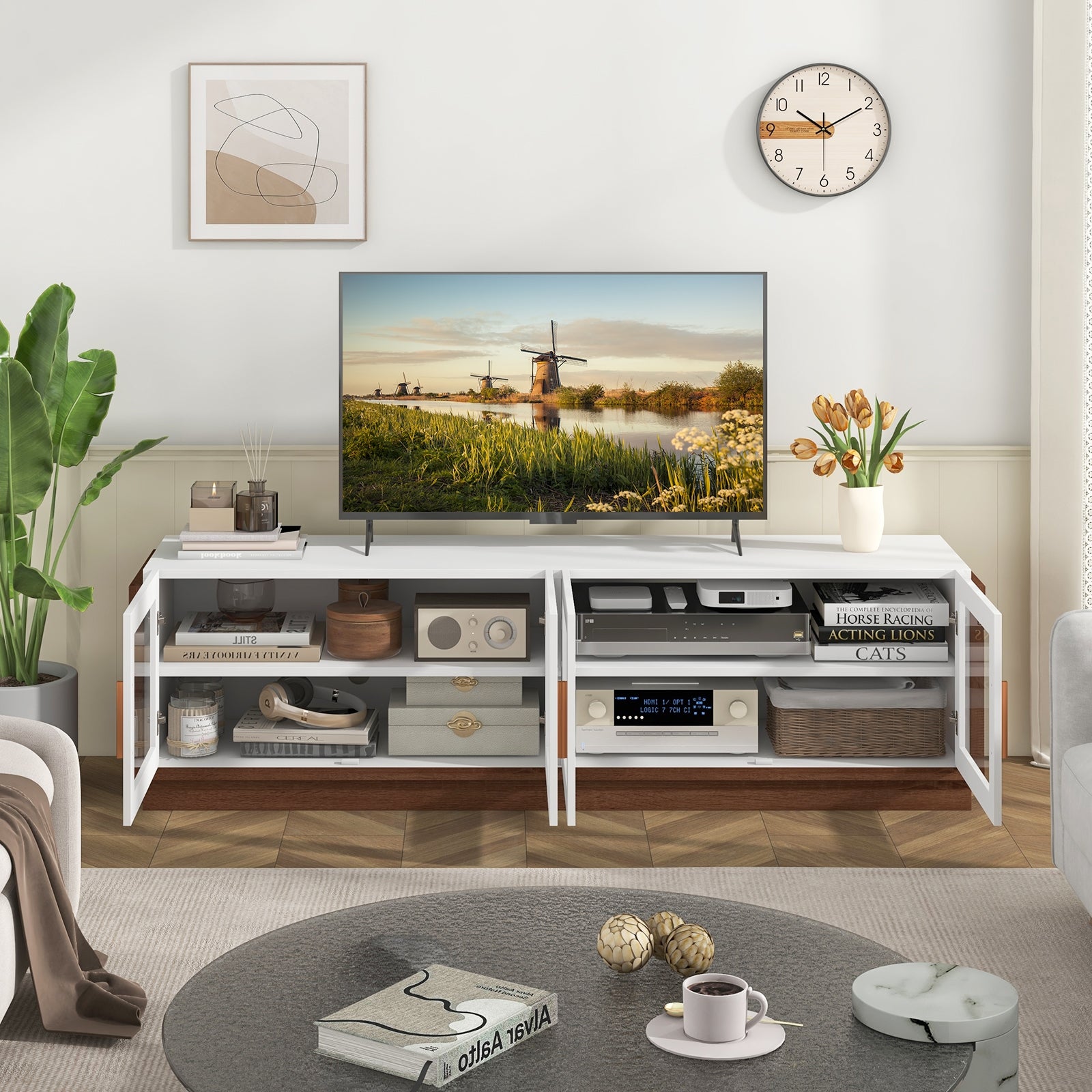 Large TV Stand For 75 Inch TVs, 4 Tempered Glass Doors, White Entertainment Centers & TV Stands at Gallery Canada