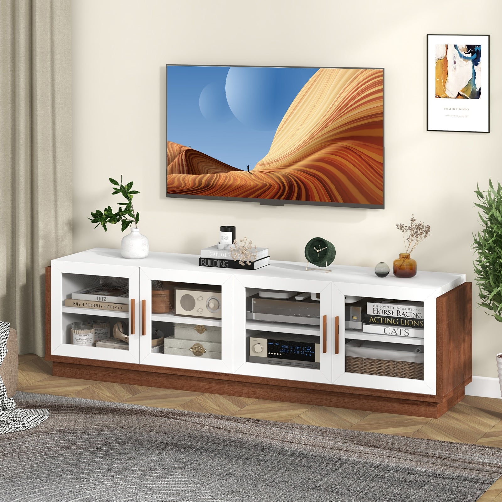 Large TV Stand For 75 Inch TVs, 4 Tempered Glass Doors, White Entertainment Centers & TV Stands at Gallery Canada
