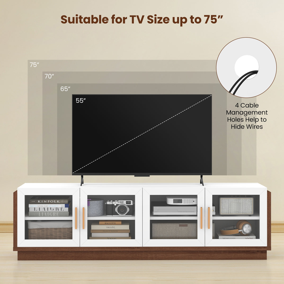 Large TV Stand For 75 Inch TVs, 4 Tempered Glass Doors, White Entertainment Centers & TV Stands at Gallery Canada