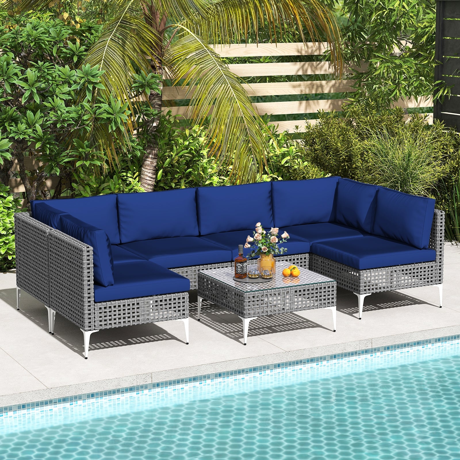 7 Piece Outdoor Furniture Set Wicker Chairs with Tempered Glass Coffee Table, Navy Patio Conversation Sets at Gallery Canada