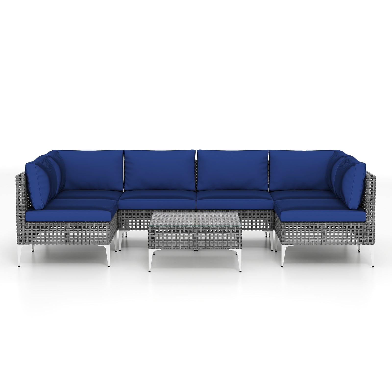 7 Piece Outdoor Furniture Set Wicker Chairs with Tempered Glass Coffee Table, Navy Patio Conversation Sets Navy at Gallery Canada