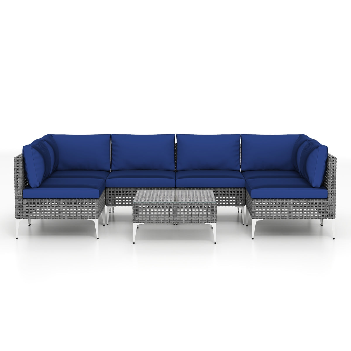 7 Piece Outdoor Furniture Set Wicker Chairs with Tempered Glass Coffee Table, Navy Patio Conversation Sets Navy at Gallery Canada