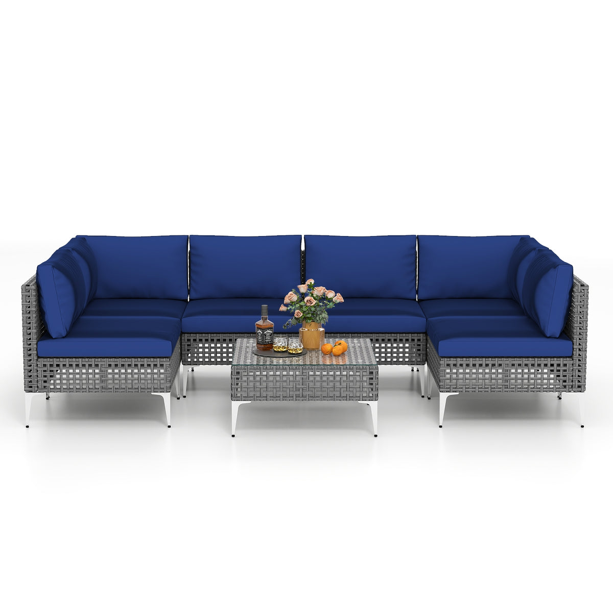 7 Piece Outdoor Furniture Set Wicker Chairs with Tempered Glass Coffee Table, Navy Patio Conversation Sets at Gallery Canada
