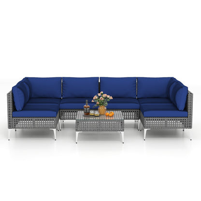 7 Piece Outdoor Furniture Set Wicker Chairs with Tempered Glass Coffee Table, Navy Patio Conversation Sets at Gallery Canada
