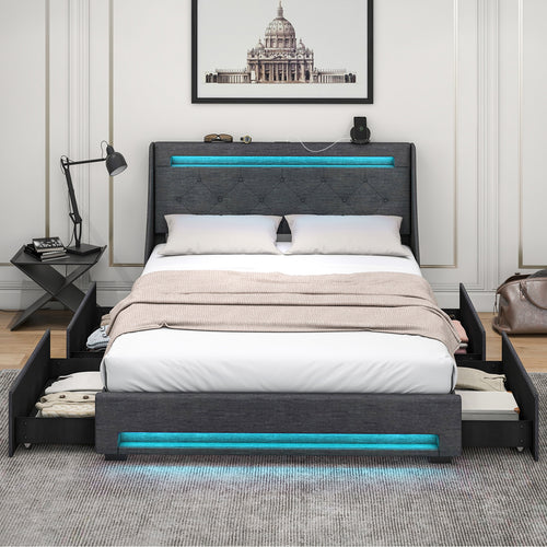Queen Size Upholstered Platform Bed Frame, LED Lights, Charging Station, Gray
