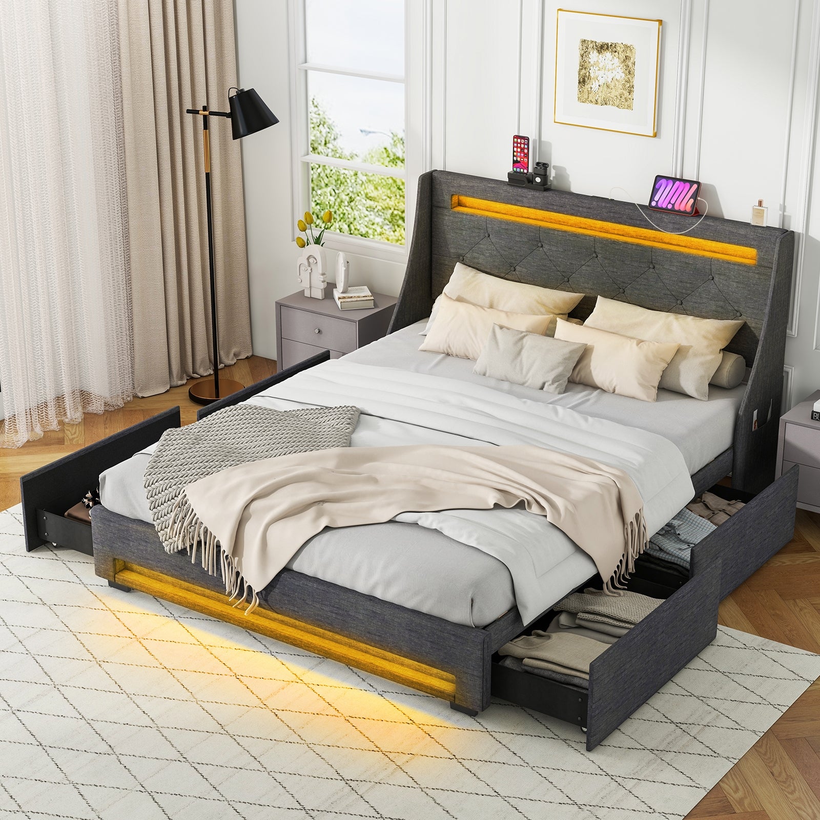 Queen Size Upholstered Platform Bed Frame, LED Lights, Charging Station, Gray Folding Beds at Gallery Canada