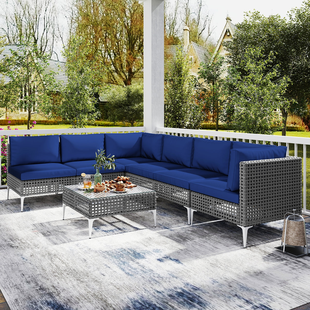 7 Piece Outdoor Furniture Set Wicker Chairs with Tempered Glass Coffee Table, Navy Patio Conversation Sets at Gallery Canada