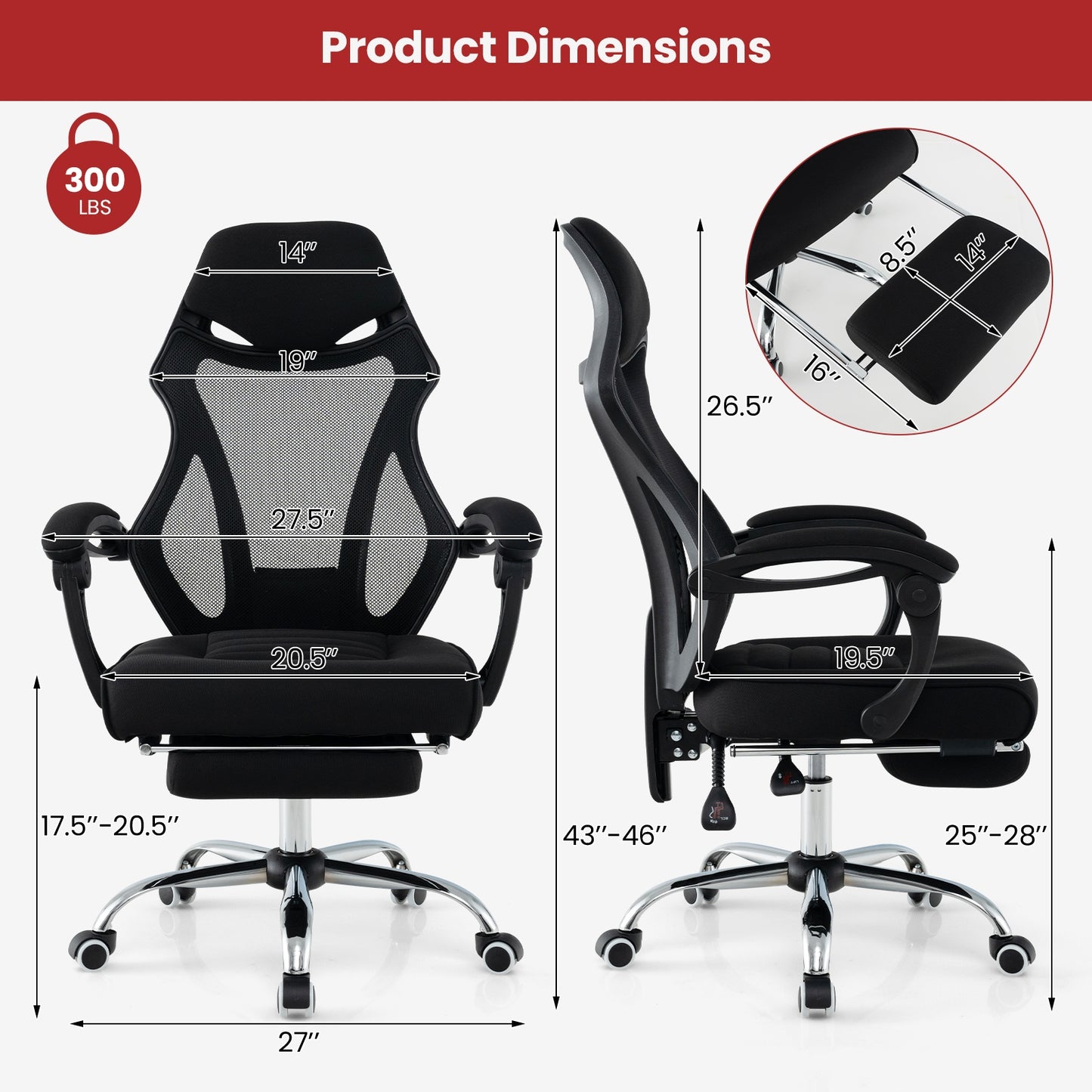 Ergonomic Mesh Office Chair, With Footrest And Tilting Backrest, Black Ergonomic Chairs at Gallery Canada