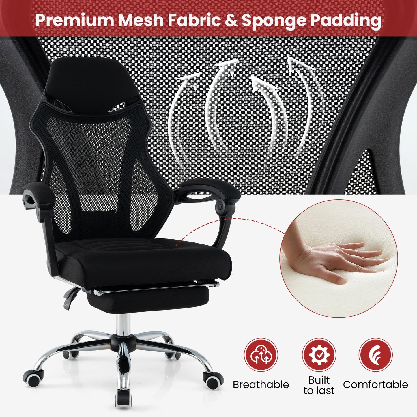 Ergonomic Mesh Office Chair, With Footrest And Tilting Backrest, Black Ergonomic Chairs at Gallery Canada