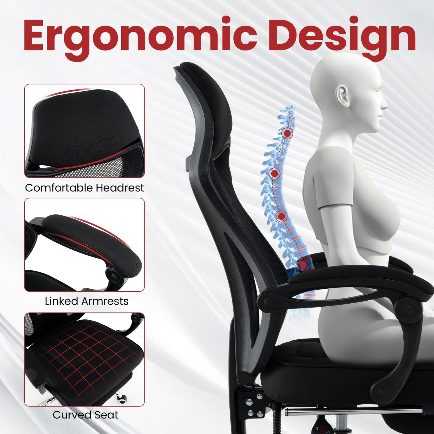 Ergonomic Mesh Office Chair, With Footrest And Tilting Backrest, Black Ergonomic Chairs at Gallery Canada