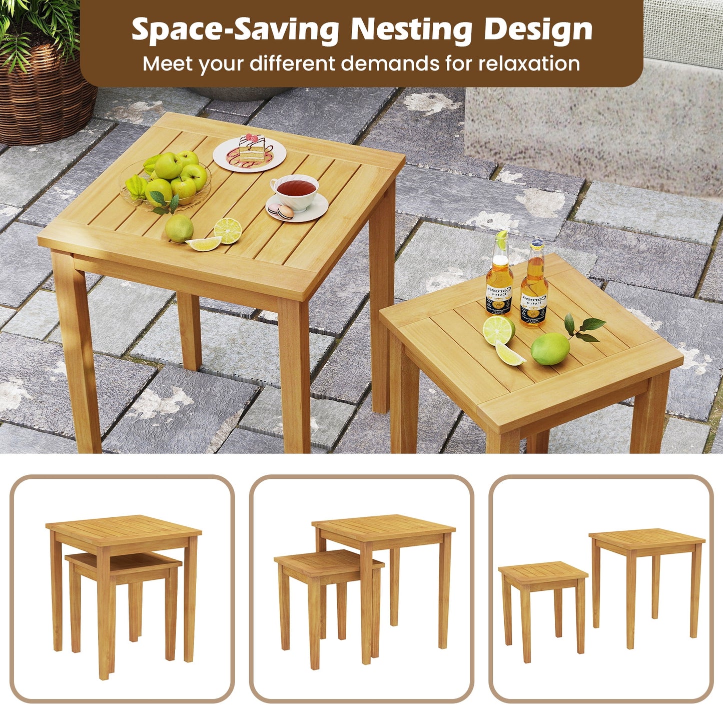 2 Piece Teak Wood Nesting Table, Natural Patio Coffee Tables at Gallery Canada
