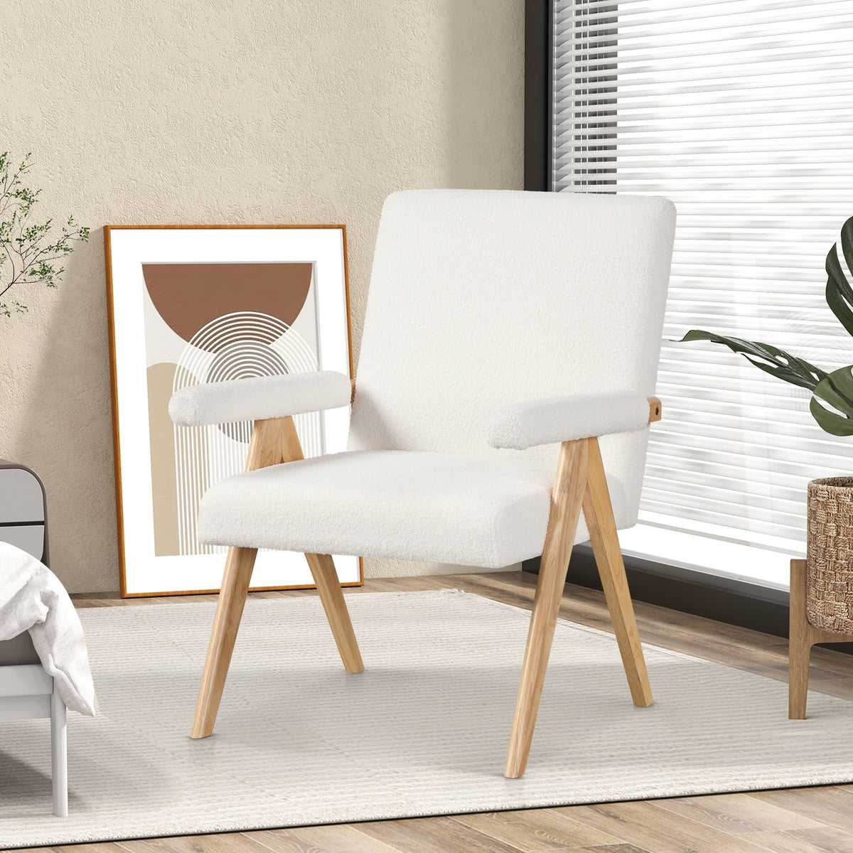 Mid Century Modern Accent Chair, Rubber Wood Frame, Padded Armrests, White Accent Chairs at Gallery Canada
