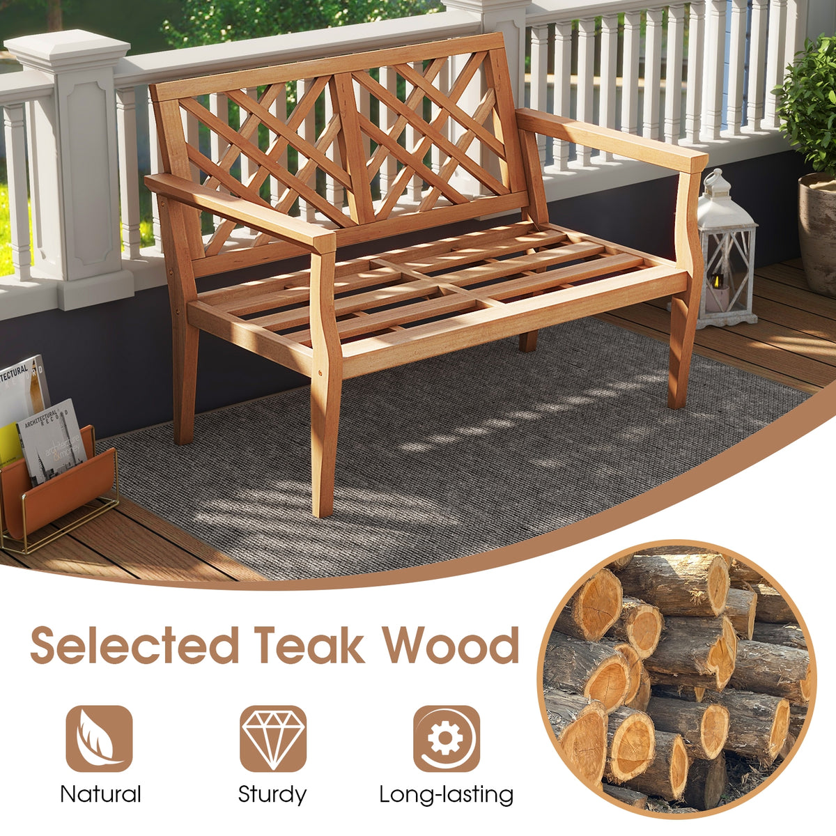Outdoor Garden Bench, 2-Person Teak Wood, Natural Outdoor Benches at Gallery Canada