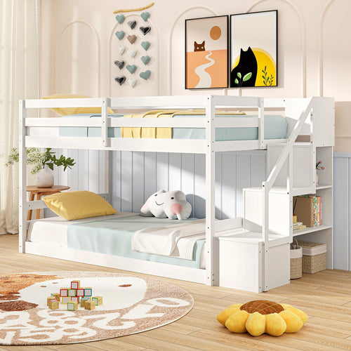 Twin Over Twin Low Bunk Bed With Storage Stairs, Solid Wood Frame, White