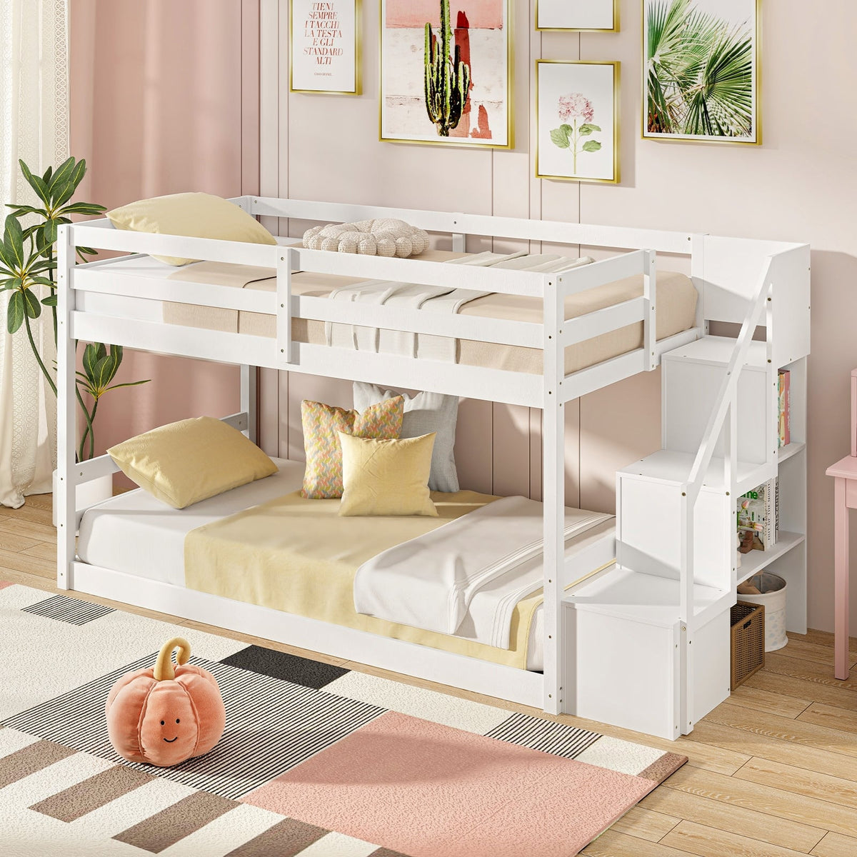 Twin Over Twin Low Bunk Bed With Storage Stairs, Solid Wood Frame, White Bunk Bed Frame at Gallery Canada